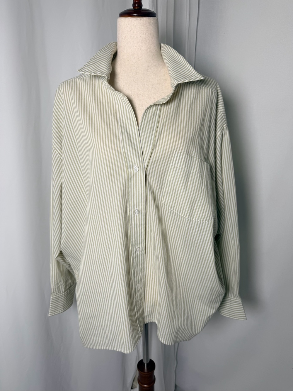 J. Robert's Striped Boyfriend Button Up Shirt Green White Relaxed